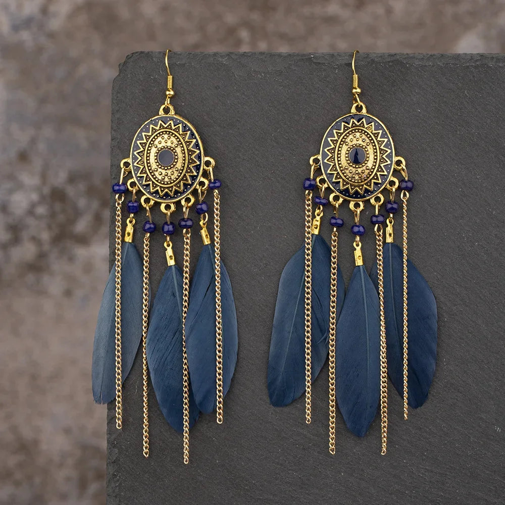 Ethnic Colorful Feather Tassel Earrings For Women Long Chain Beads Drop Dangling Earrings Girls Vintage Jewelry Accessories