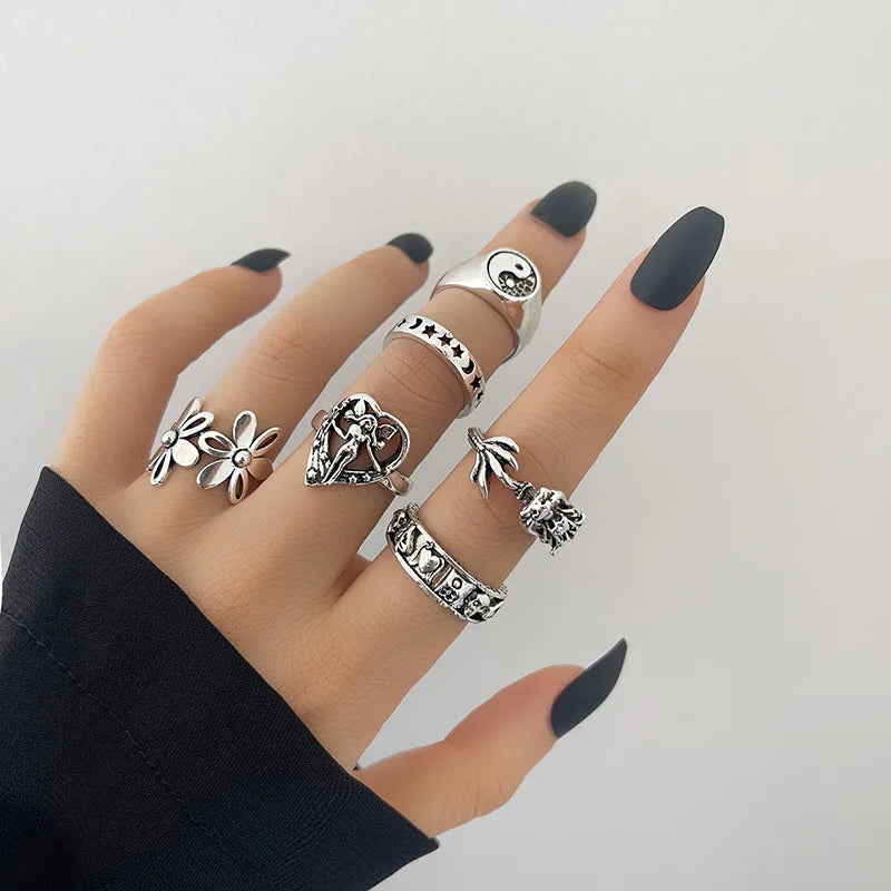 Vintage Punk Metal Multi Element Ring Set For Women Men Antique Silver Color Butterfly Snake Skull Finger Rings Gothic Jewelry
